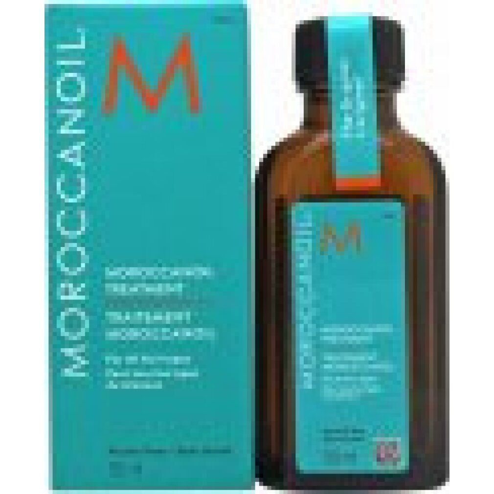 Turquoise verpakking en bruine fles. Op de verpakking staat "Moroccanoil". Op de fles zit een etiket met tekst.