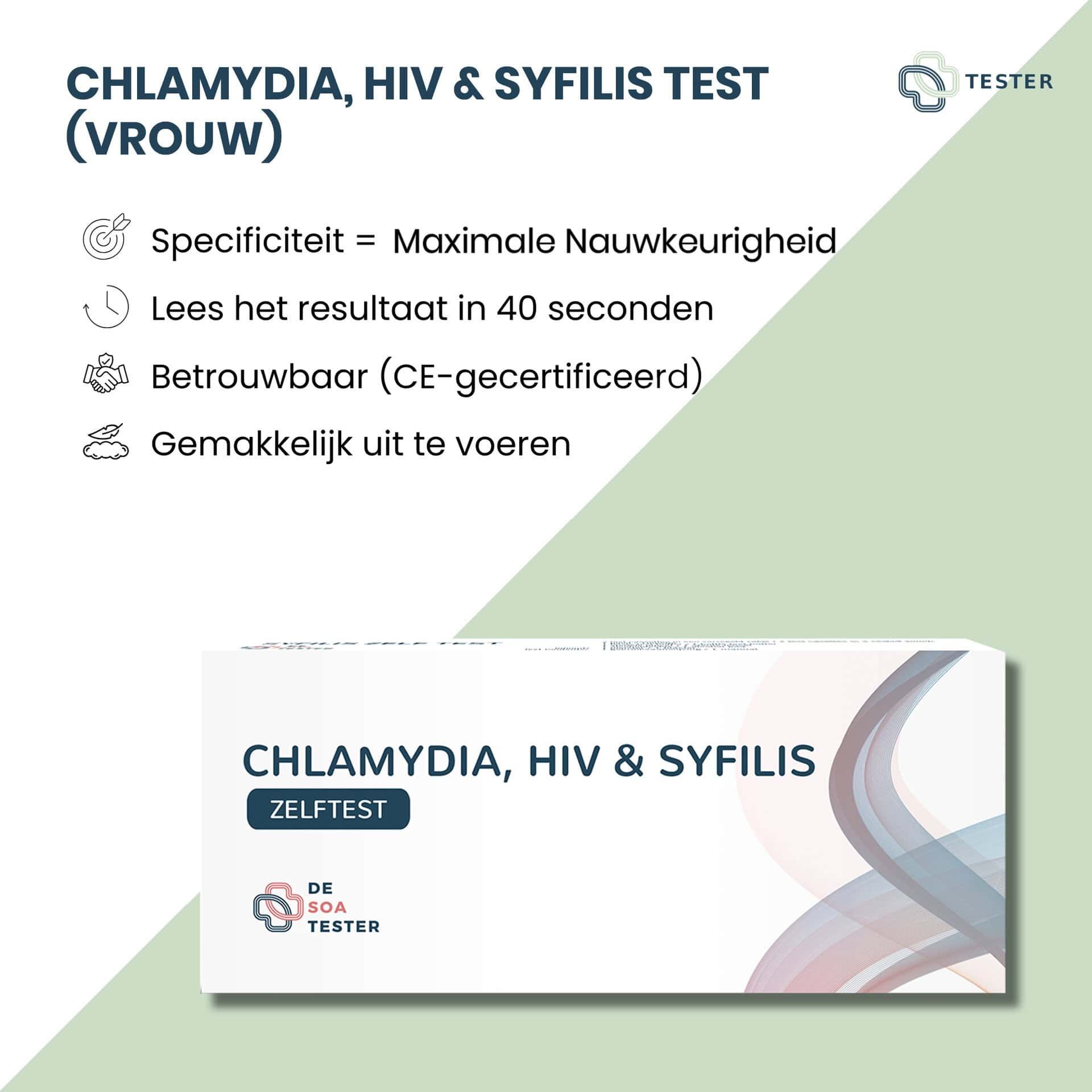 Verpakking van een 3-in-1 Chlamydia, HIV en Syphilis zelftest voor vrouwen. Toont specificiteit, resultaat tijd en CE-certificering.