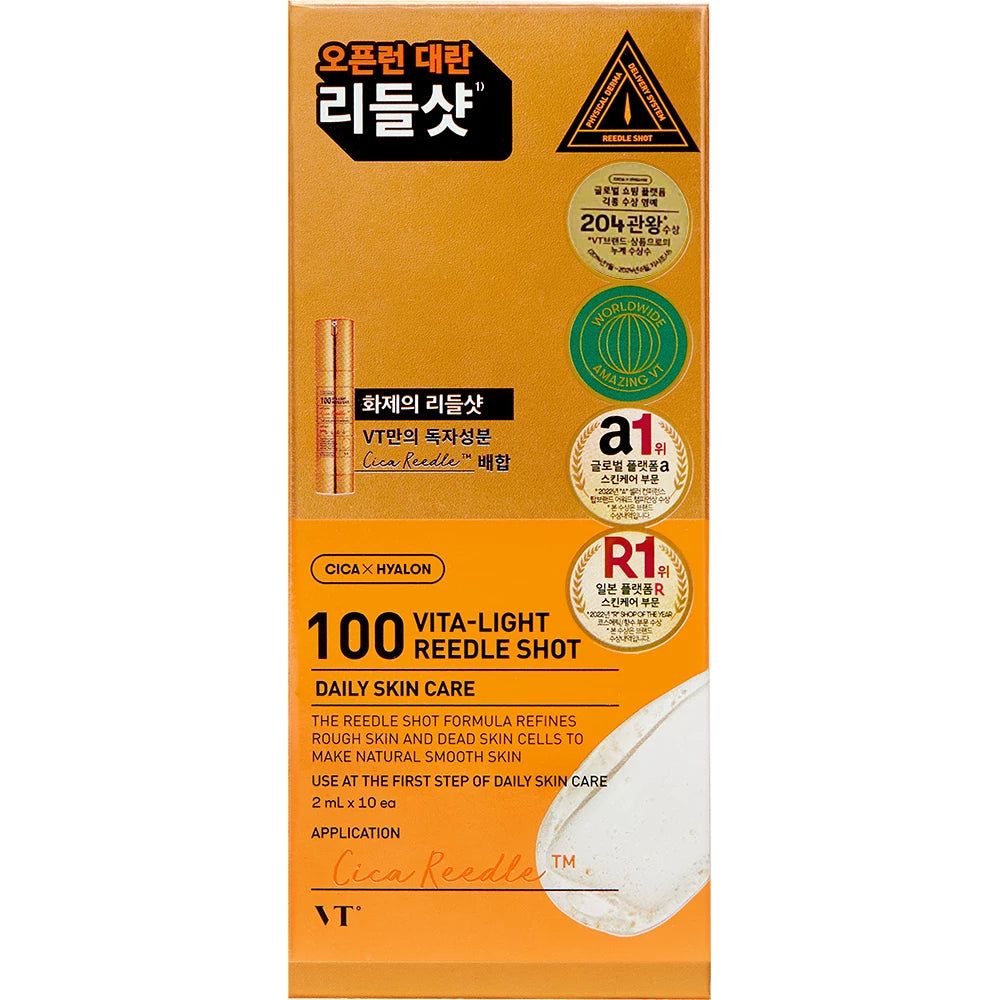 Verpakking van VT COSMETICS 100 Vita-Light Reedle Shot met gedetailleerde productinformatie.