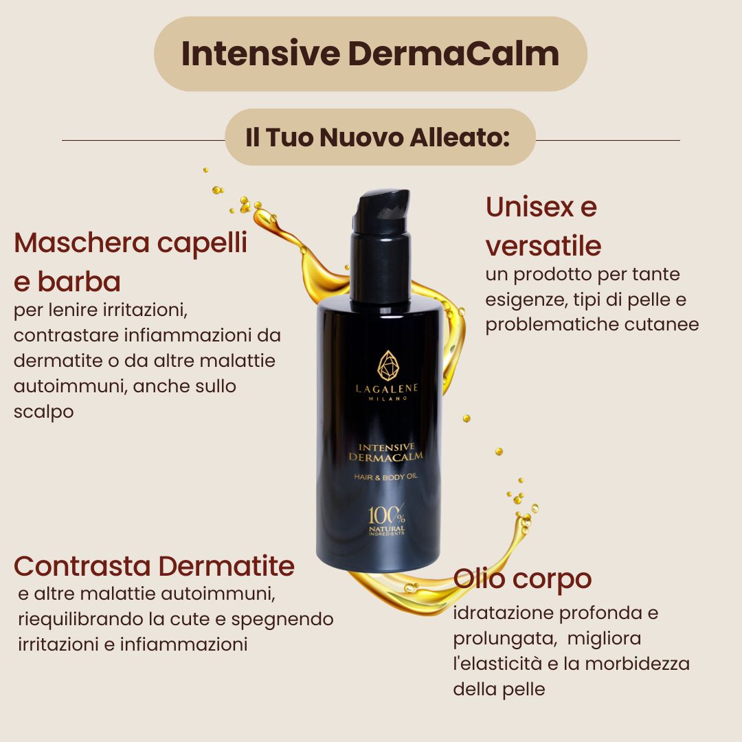 Flacon de produit avec texte: Intensive DermaCalm. Extraits de texte en italien. Illustration du produit.