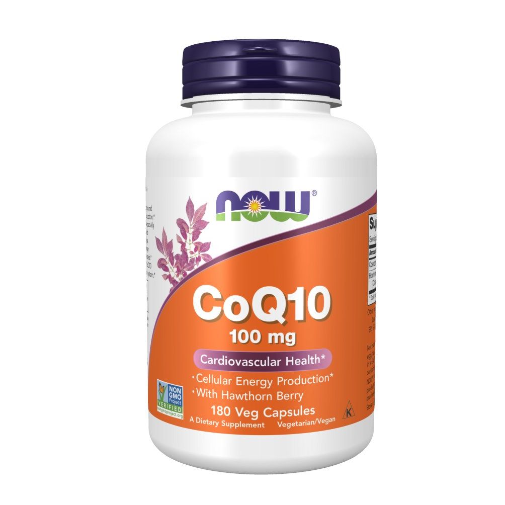Flacon blanc avec bouchon bleu. Inscription: CoQ10 100 mg, Cardiovascular Health, 180 Veg Capsules. Marque: NOW.