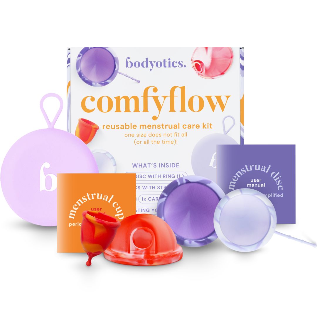 Ensemble Bodyotics Comfyflow : coupe menstruelle, deux disques menstruels, pochette de rangement et e-book. Multicolore.