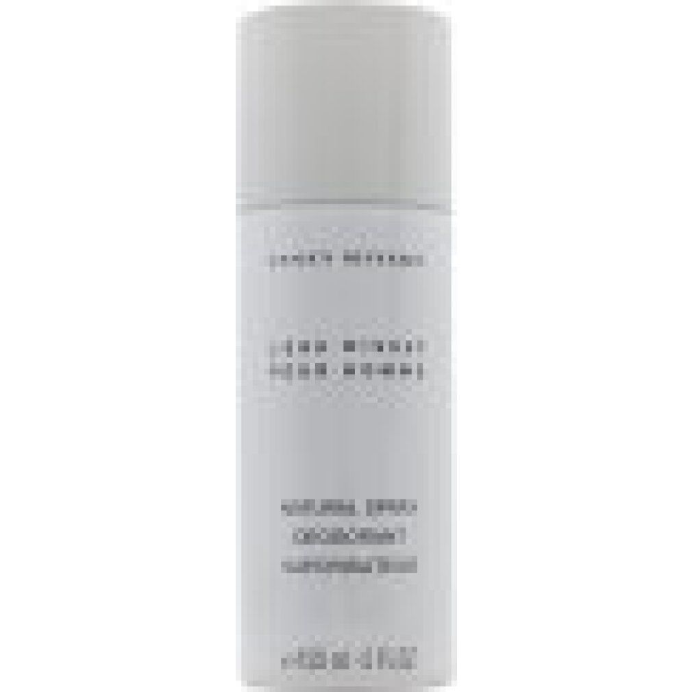 Spray déodorant Issey Miyake. Flacon blanc avec texte noir. Nom du produit et description.