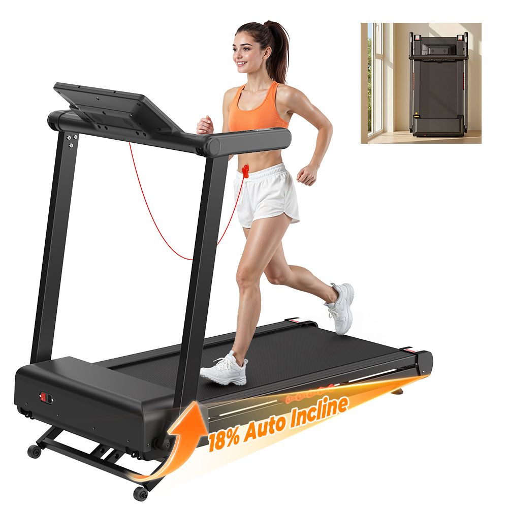 Tapis de course noir pliable avec femme courant. Affichage 18% Auto Incline. Tapis plié en arrière-plan.