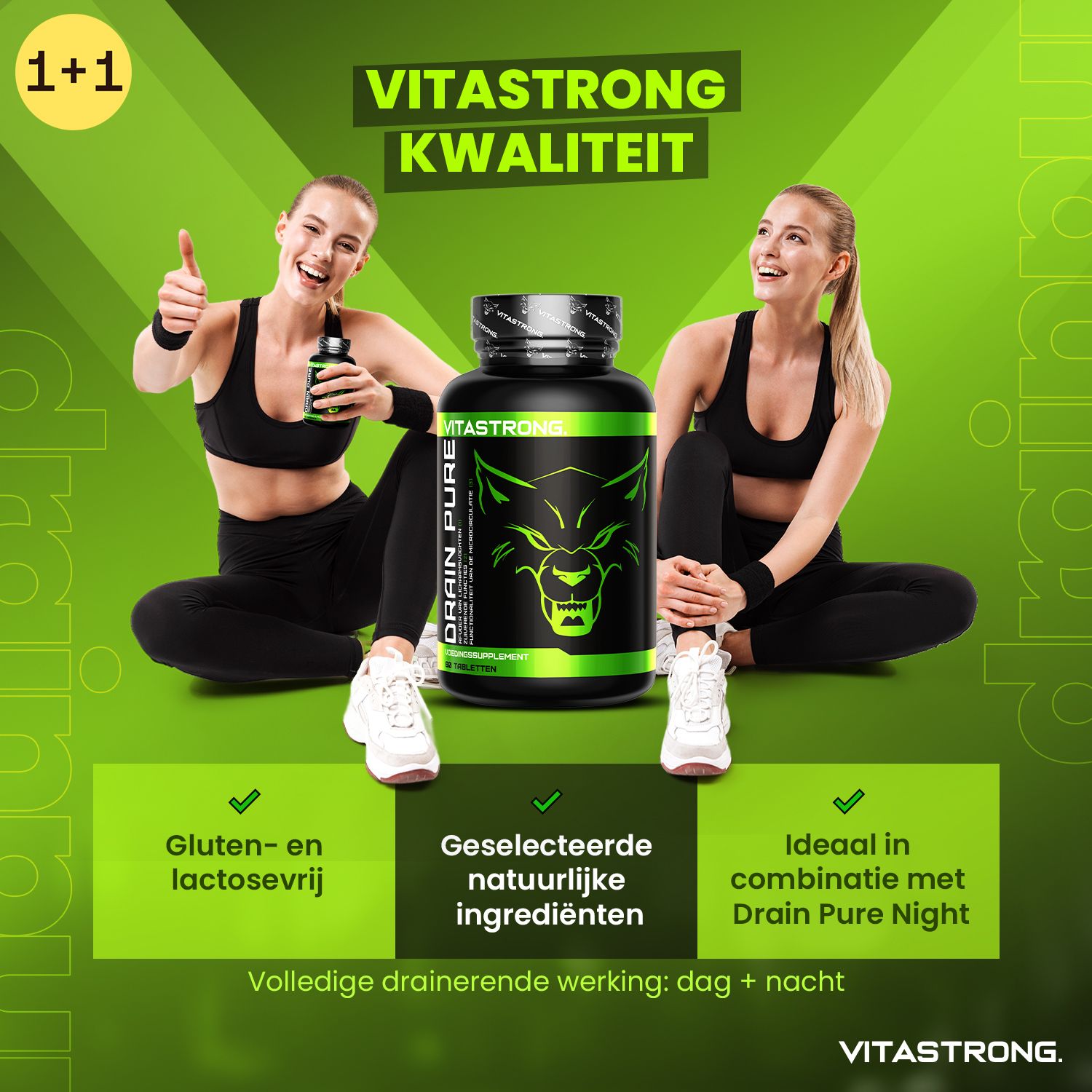 Deux femmes avec Vitastrong Drainpure. Flacon noir avec étiquette verte. Sans gluten et sans lactose.