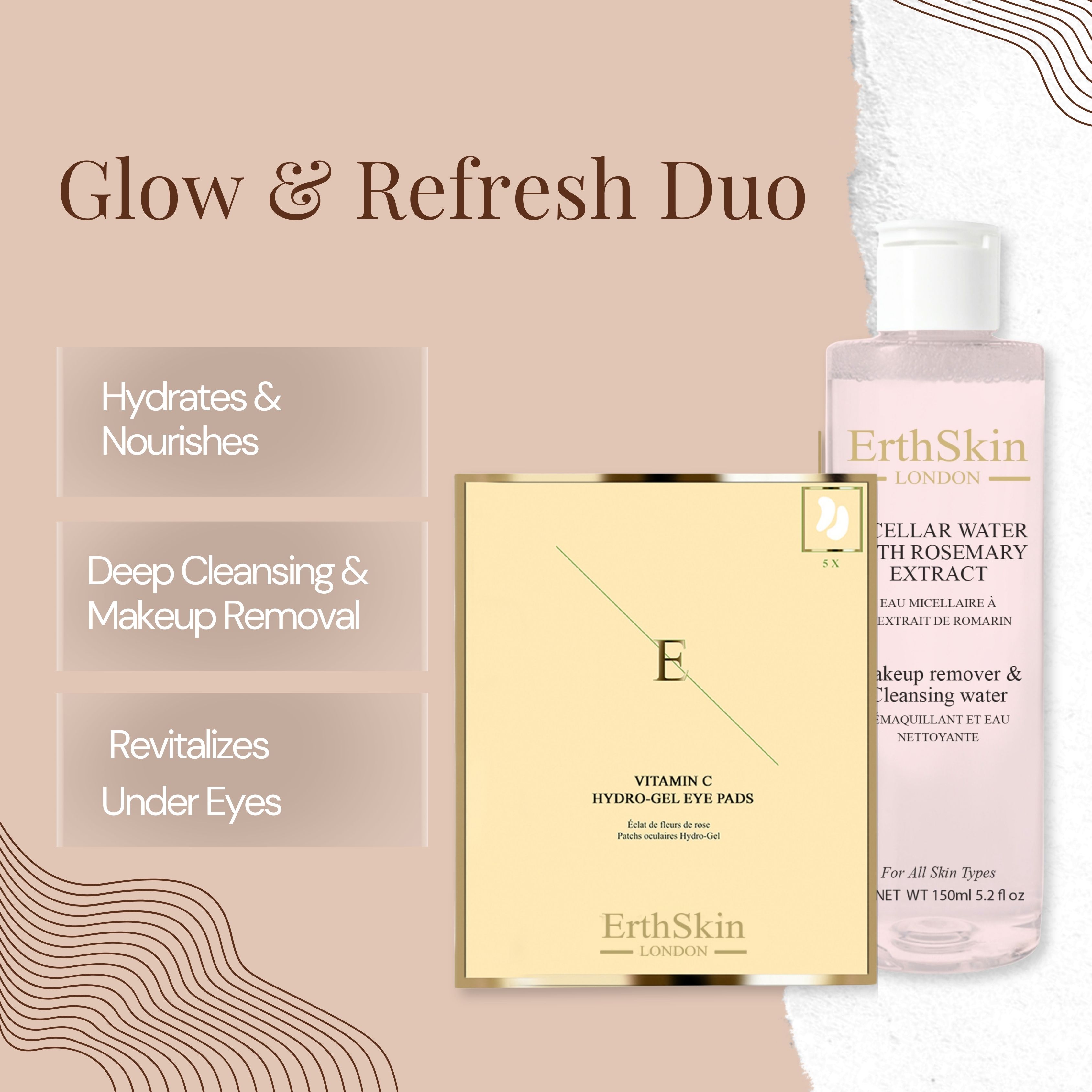 ErthSkin London, coussinets pour les yeux et eau micellaire. Boîte dorée, flacon de liquide rose et bouchon blanc.