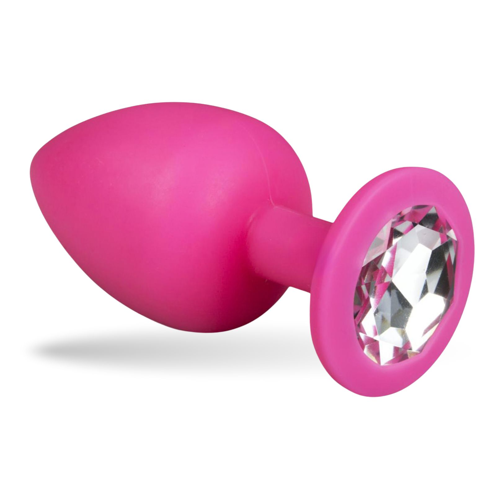 Roze anale plug met siersteen. Druppelvormige kop, basis met steen.