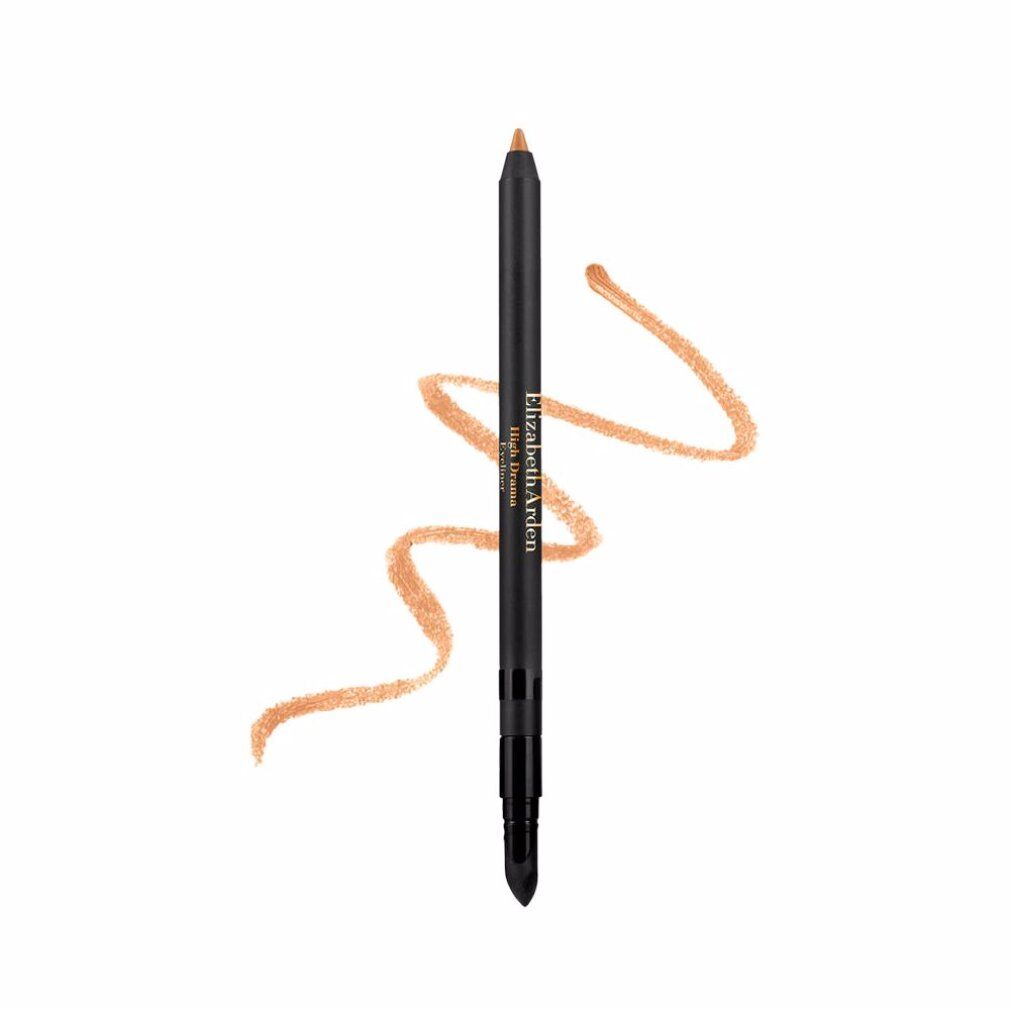 Zwart eyeliner-potlood met lichtbruin potlood en streep. Productnaam en merk op het potlood.