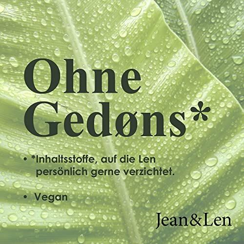 Feuille verte avec gouttes d'eau. Texte : Ohne Gedøns*, Vegan, Jean & Len.