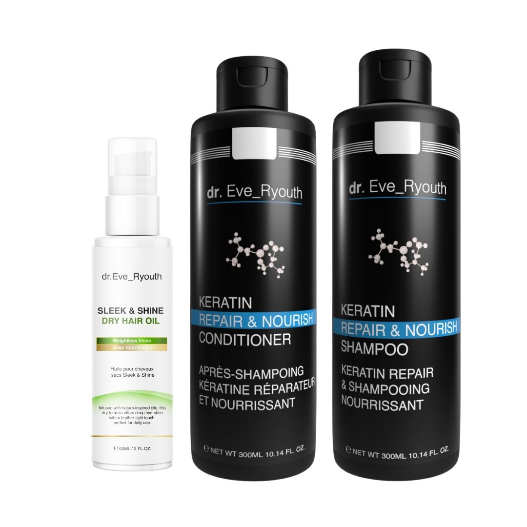 Set shampoo, conditioner en haarolie. Zwarte flessen met witte tekst. Opschrift: dr. Eve_Ryouth, Keratin Repair & Nourish.