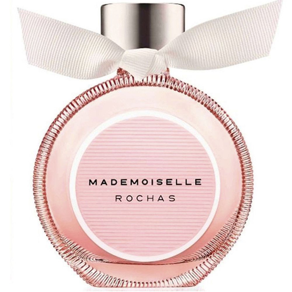 Rochas Mademoiselle Eau de Parfum. Rond roze glazen flesje met wit lint. Opschrift: Mademoiselle Rochas.