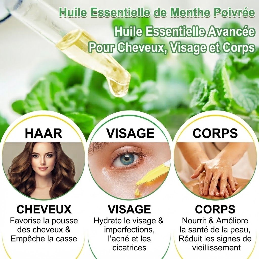 Pipette d'huile essentielle au-dessus de feuilles de menthe poivrée.