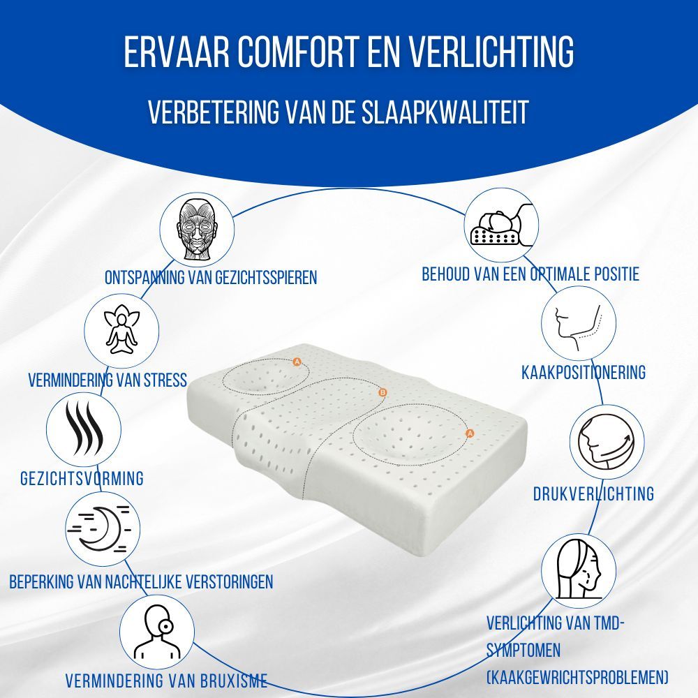 Ergonomisch kussen met diagram. Ontspanning van gezichtsspieren, stressvermindering, etc. Verschillende symbolen.