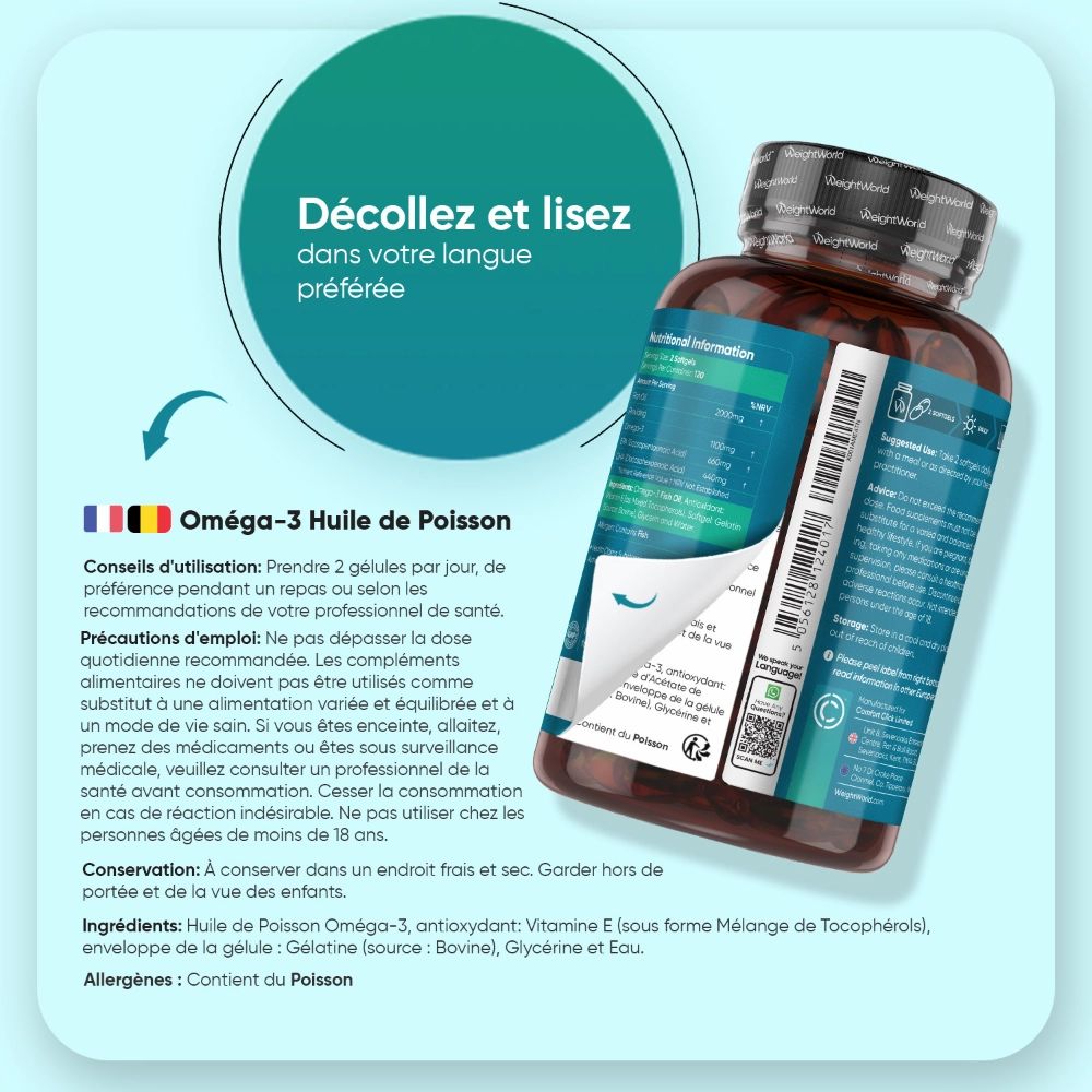 Flacon d'huile Oméga-3. Texte : Instructions en plusieurs langues. WeightWorld.
