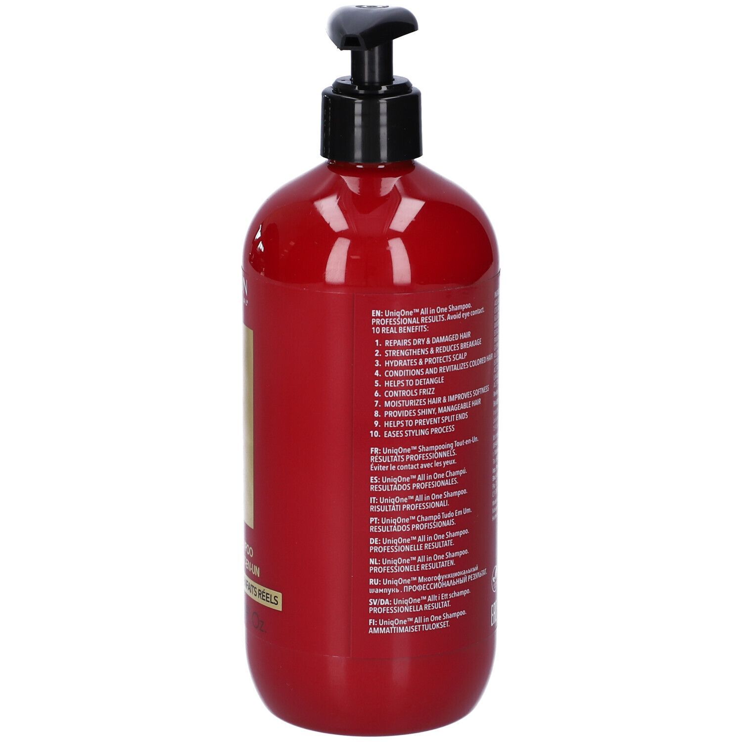 Flacon de shampooing rouge avec pompe noire. Dos avec texte sur les avantages.