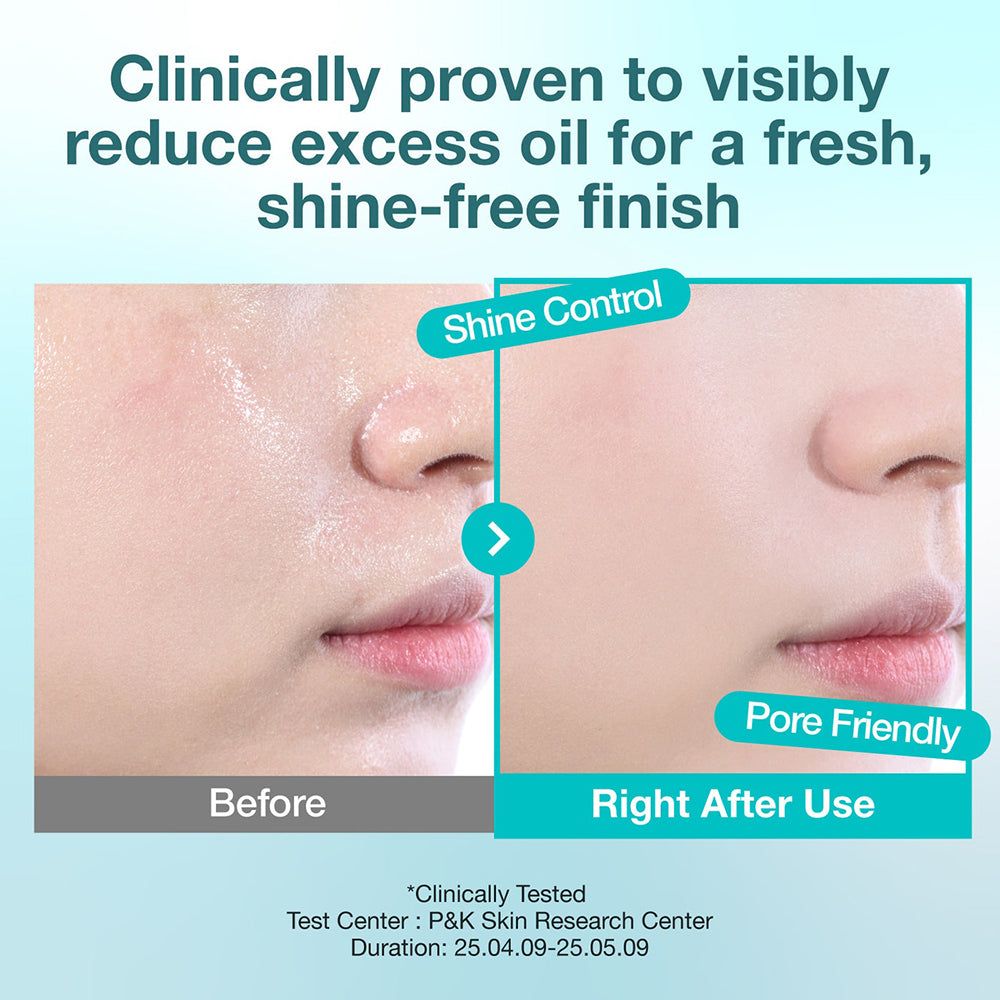 Comparaison avant/après de peau brillante et après application de poudre. 'Shine Control', 'Pore Friendly'.