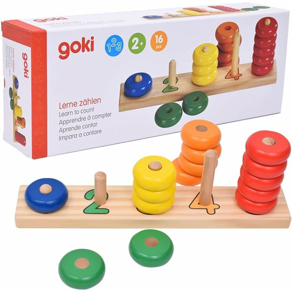 Puzzle en bois Goki avec anneaux colorés et chevilles. Boîte avec inscription "Apprendre à compter". 16 pièces.