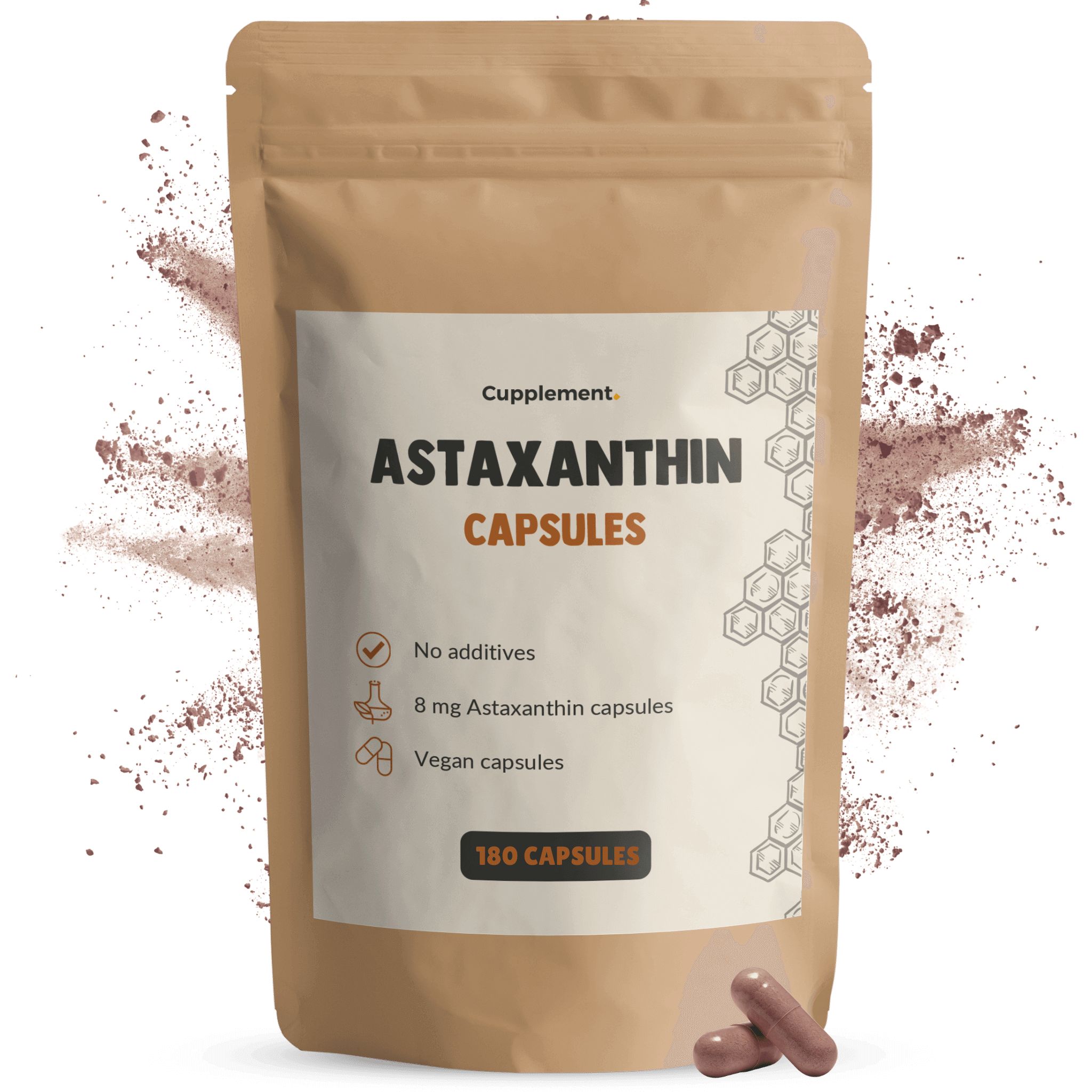 Sachet marron avec gélules Astaxanthine. 180 gélules. Végétalien. 8 mg Astaxanthine. Sans additifs.