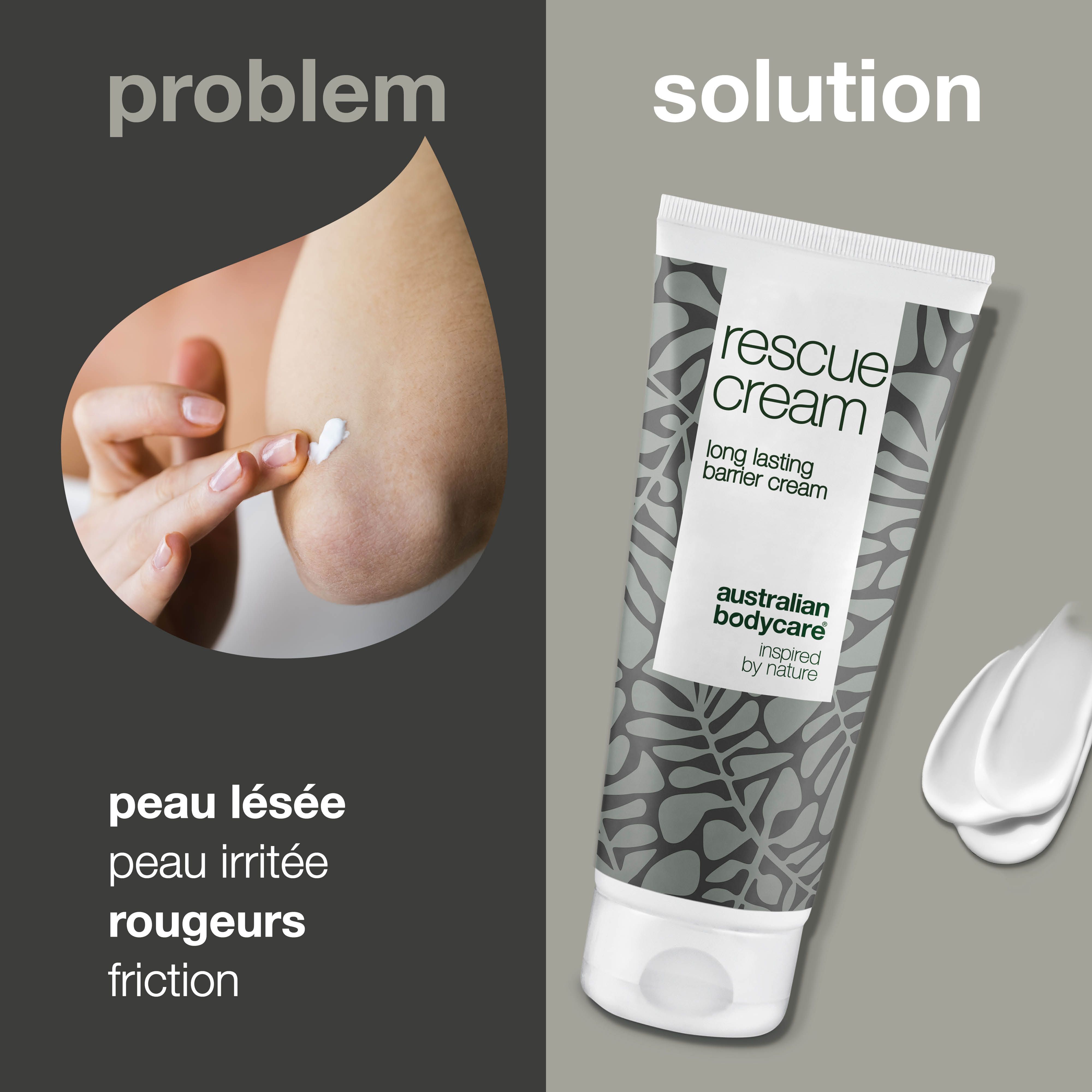 Texte et tube de crème barrière. Texte: rescue cream, australian bodycare.