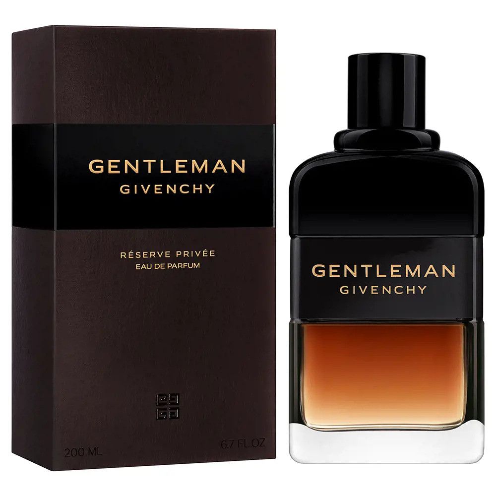 Parfumfles en verpakking. Opschrift GENTLEMAN GIVENCHY. Doos met logo en tekst.