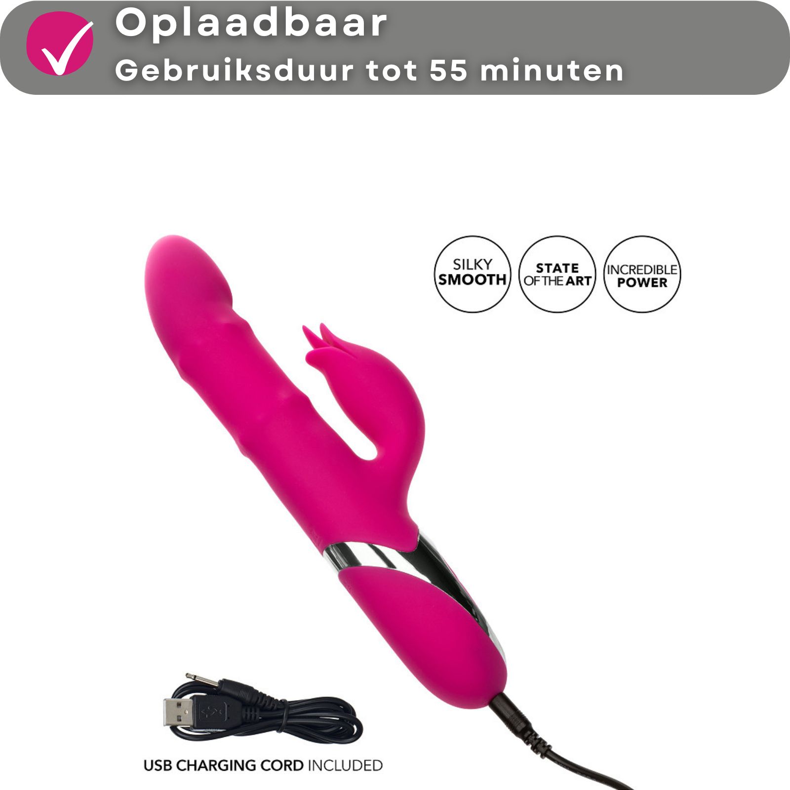 Roze vibrator met USB-oplaadkabel. Tekst: Oplaadbaar, tot 55 minuten gebruiksduur. Symbolen: Silky Smooth.