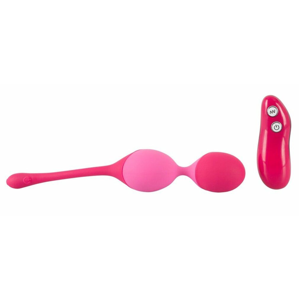Duo de boules vibrantes roses et télécommande. Produit sur fond blanc.