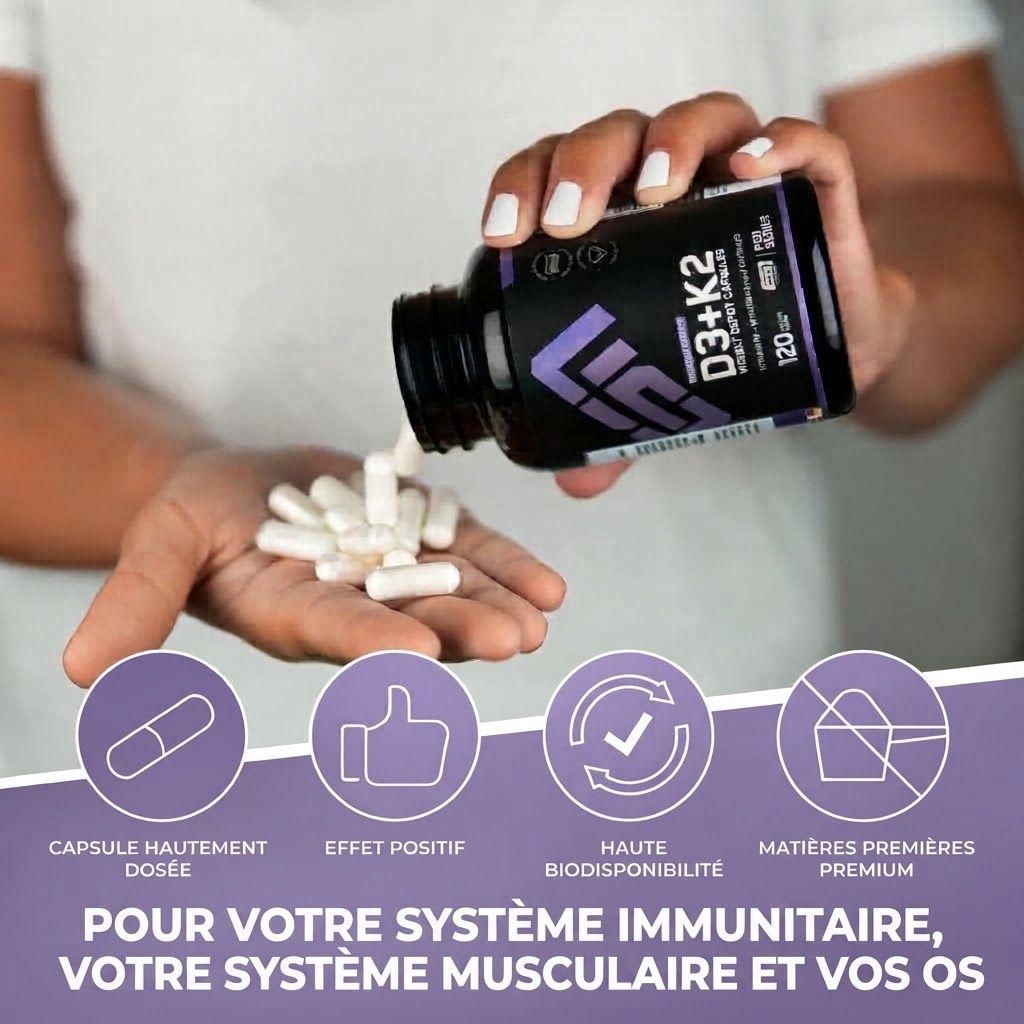 Mains versant des capsules ESN Vitamine D3+K2 d'une bouteille. Icônes : Haute dose, effet positif, biodisponibilité, matières premières premium.