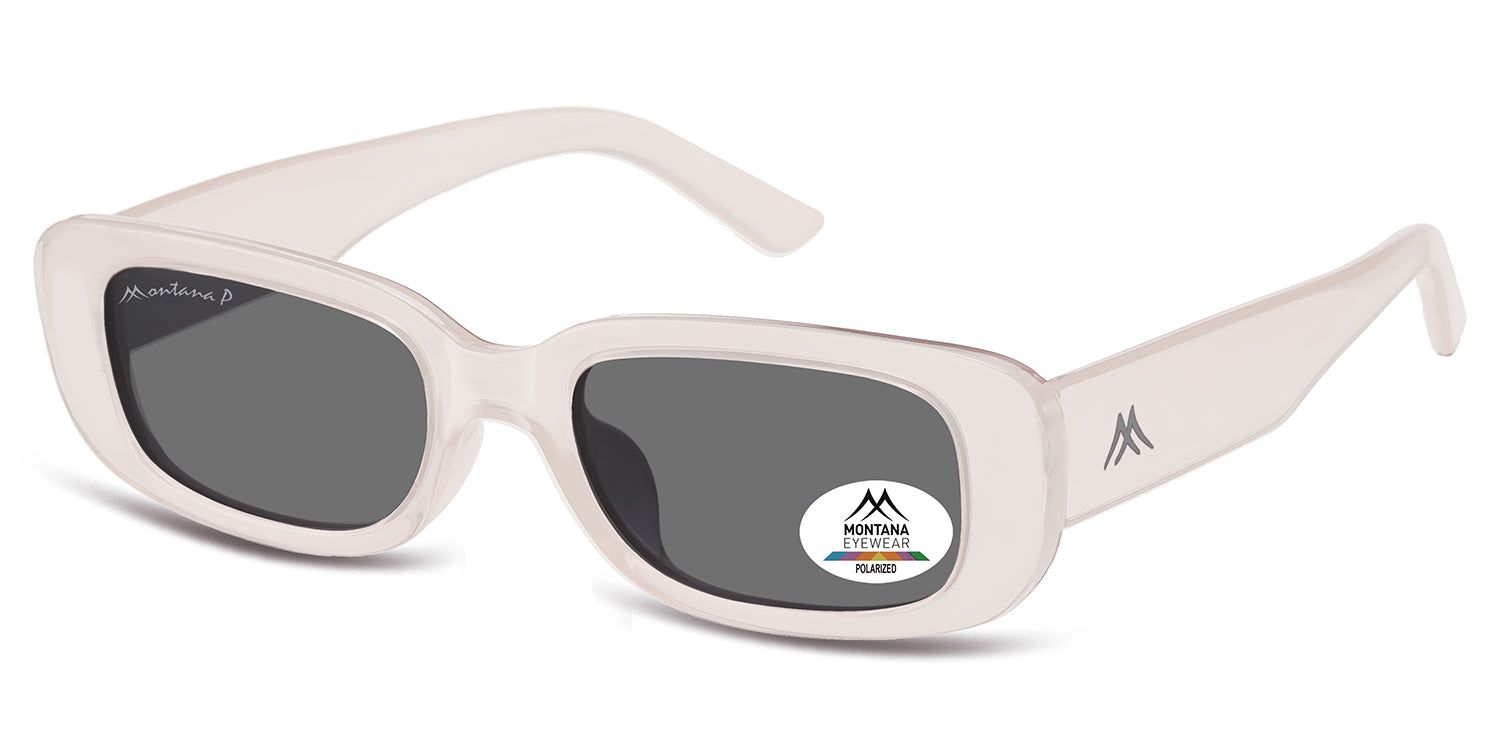 Lunettes de soleil à monture blanche et verres gris. Autocollant sur le verre avec logo et 'Polarized'.