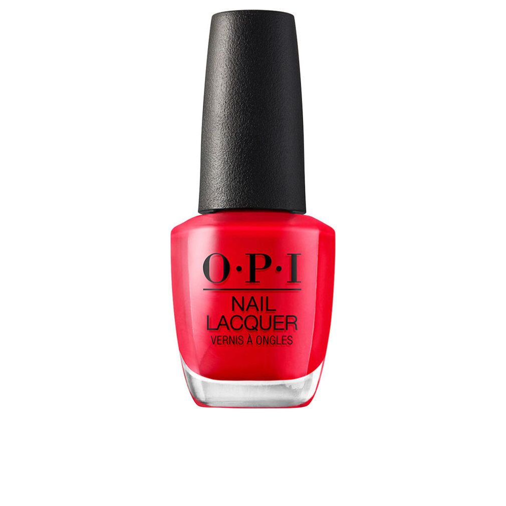 Flacon de vernis à ongles OPI rouge, avec bouchon noir. Nom du produit et texte sur le flacon.