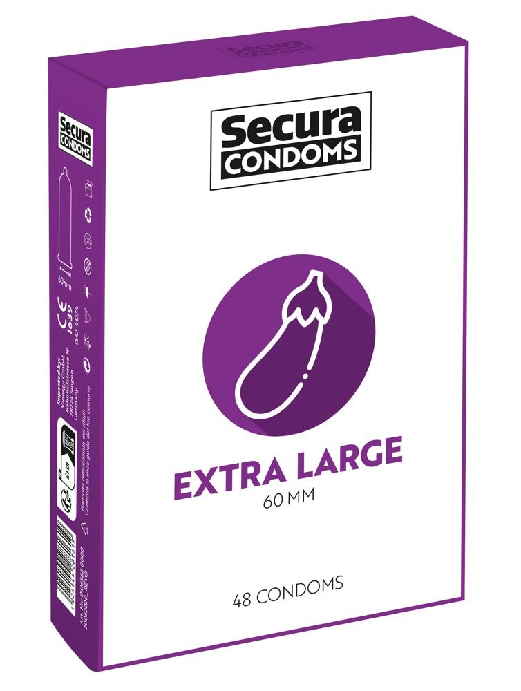 Verpakking van Secura condooms. Opschrift "EXTRA LARGE 60mm" en logo met aubergine. Bevat 48 condooms.