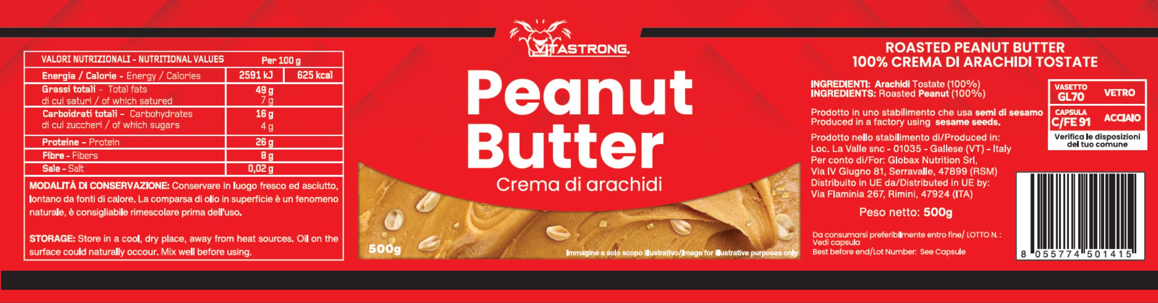 Rode sticker met Vitastrong Peanut Butter. Tekst: Peanut Butter, Creme di arachidi. Voedingswaarde, ingrediënten, gewicht 500g.