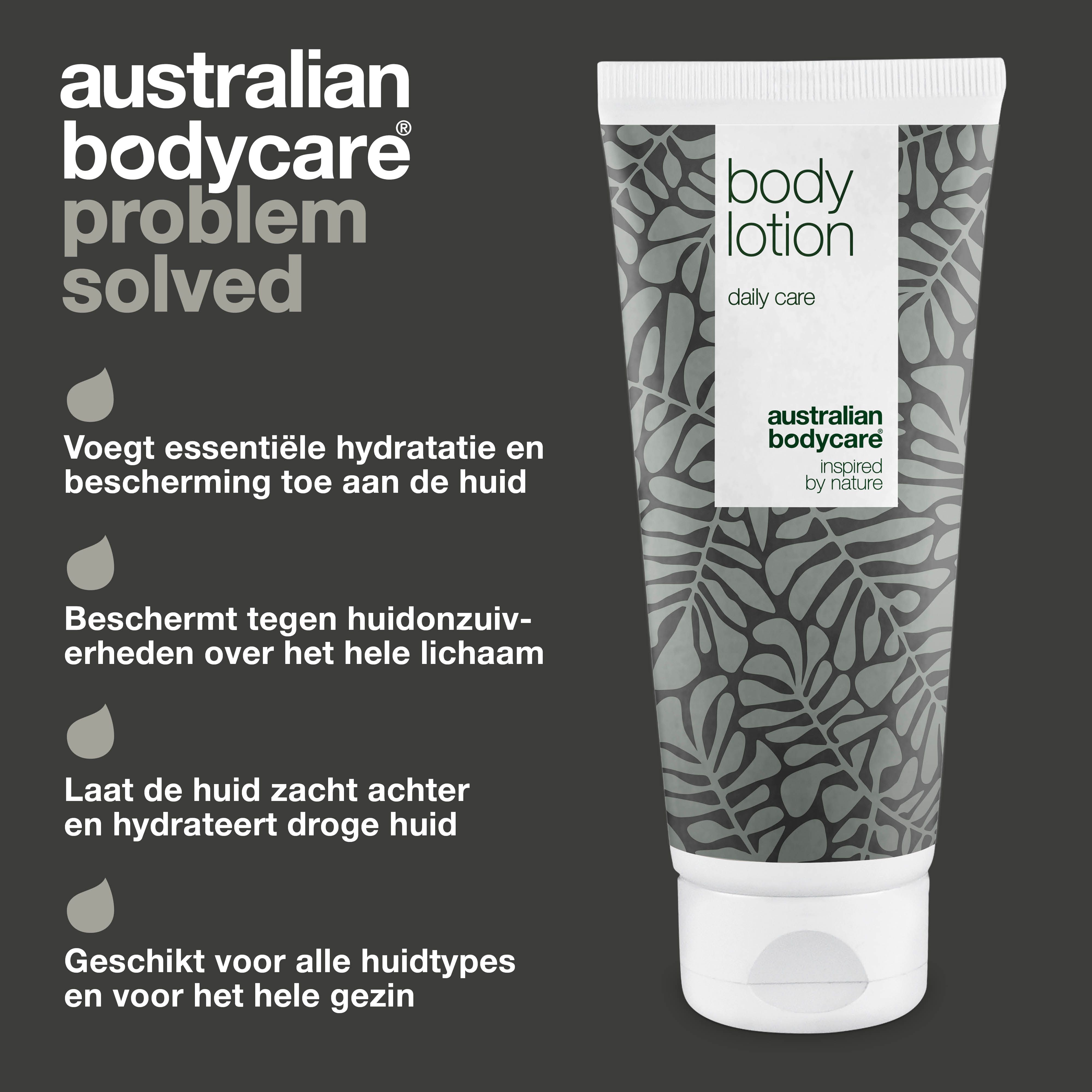 Bodylotion-tube met tekst en pijlen. Tekst "Body Lotion".