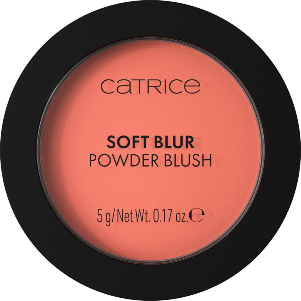 Boîtier rond noir Catrice Soft Blur Powder Blush ouvert. Nom du produit et détails.