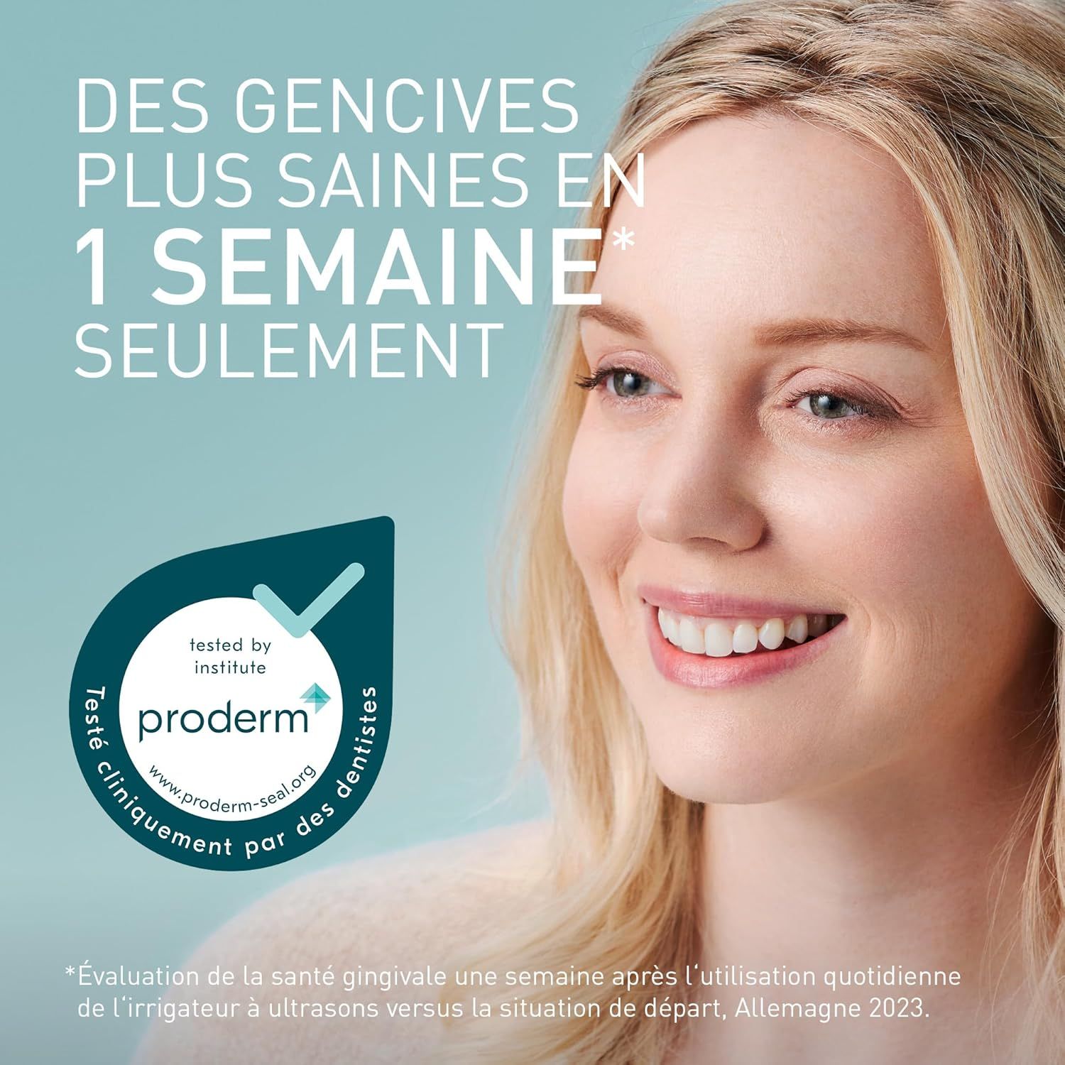 Femme souriante, sceau 'Testé cliniquement par des dentistes' de Proderm.