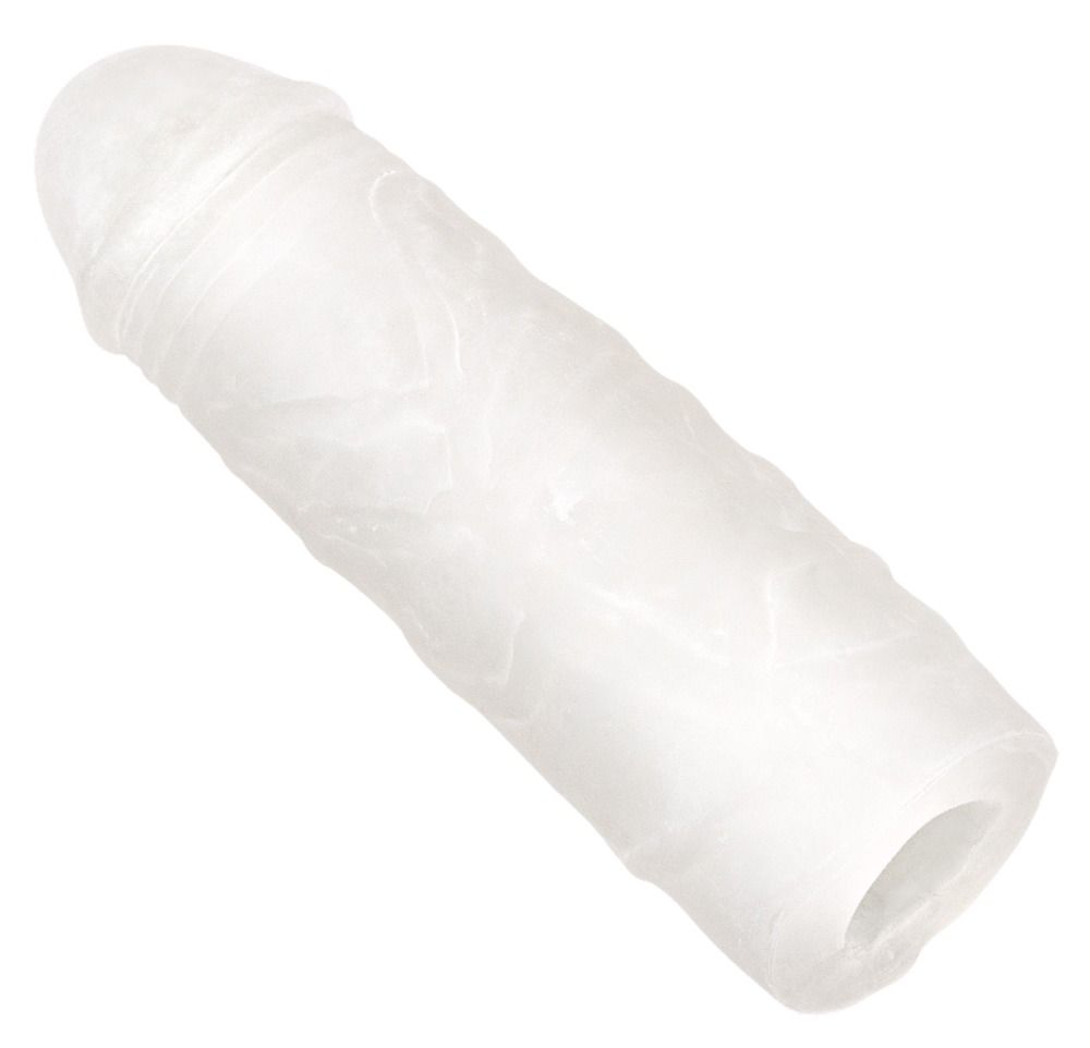 Gaine pénienne transparente. Forme cylindrique avec surface nervurée et ouverture.