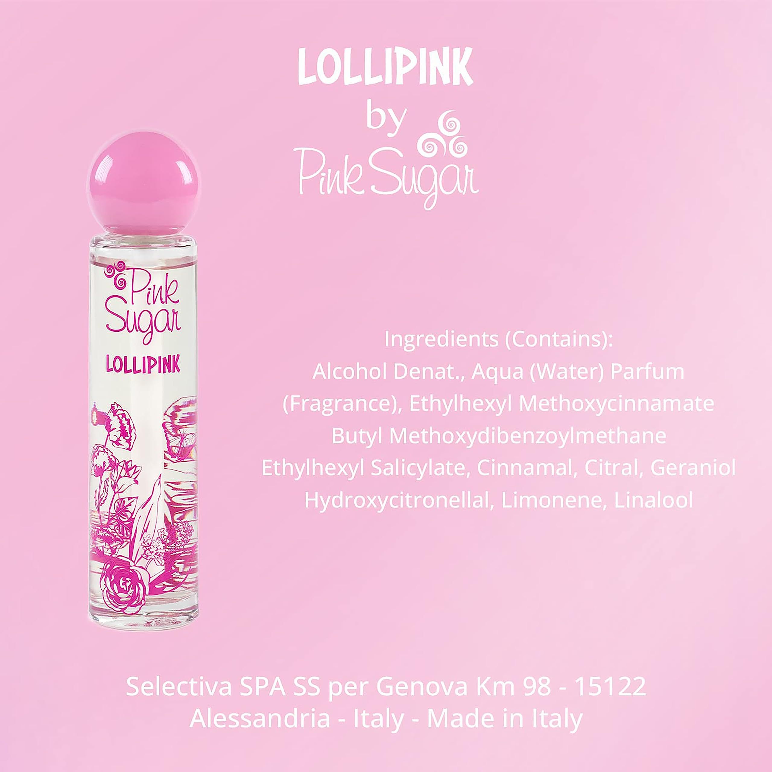 Parfumfles met roze dop. Opschrift "Pink Sugar Lollipink". Ingrediëntenlijst. Gemaakt in Italië.