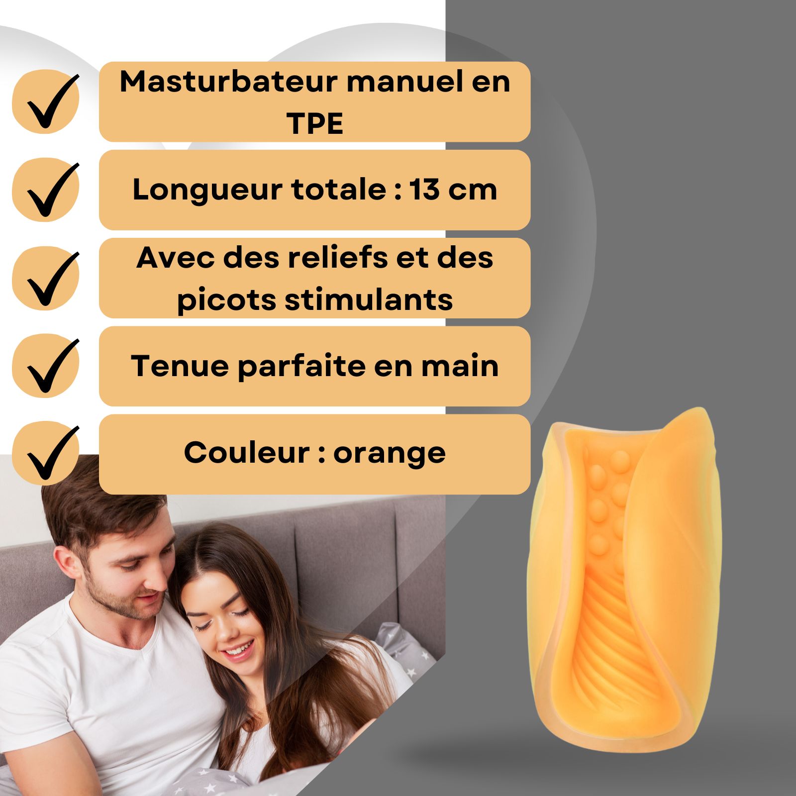 Masturbateur TPE, 13cm, orange. Couple au lit. Avec rainures et picots.