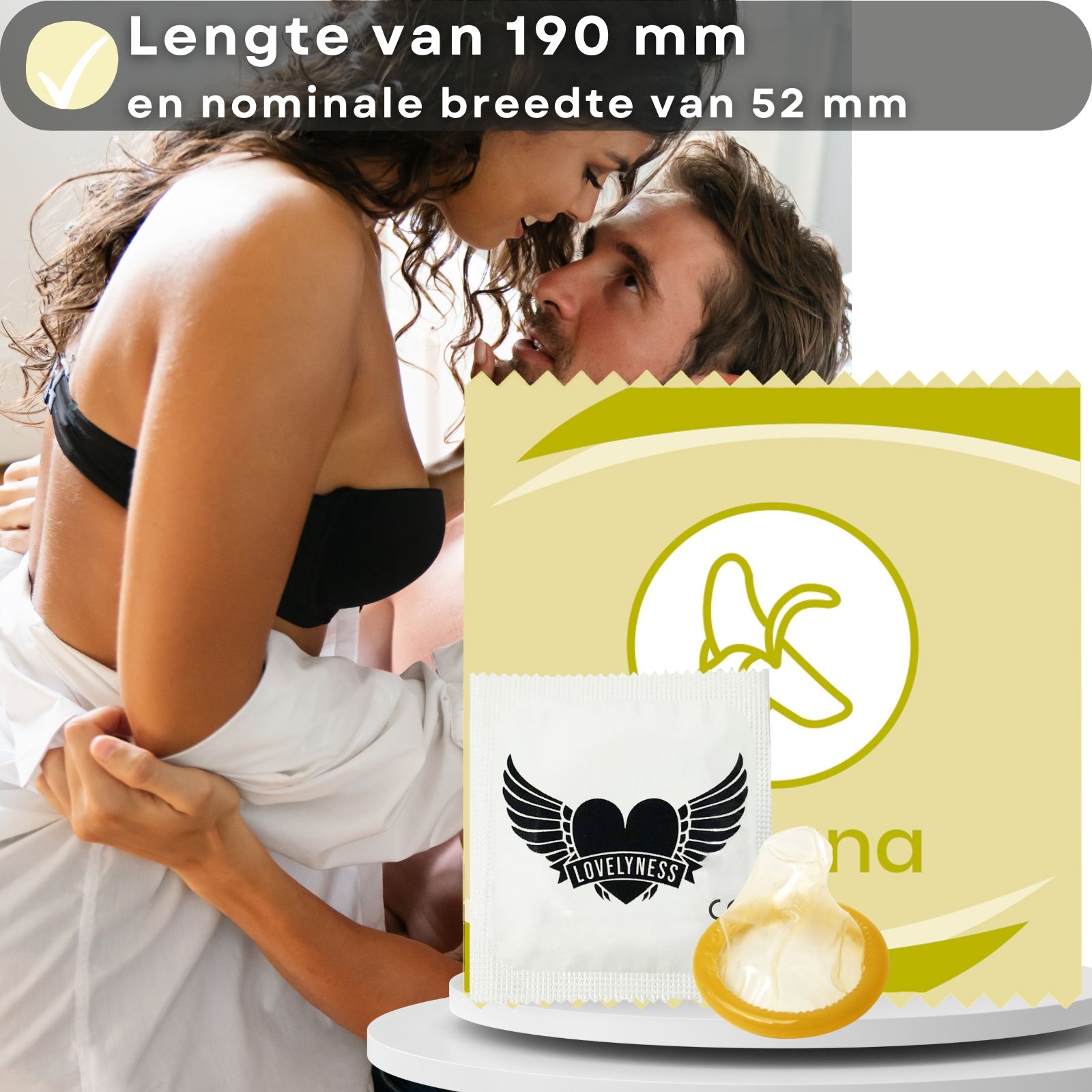 Condoomverpakking met tekst: Lengte 190 mm en nominale breedte 52 mm. Condoom en verpakking met logo.