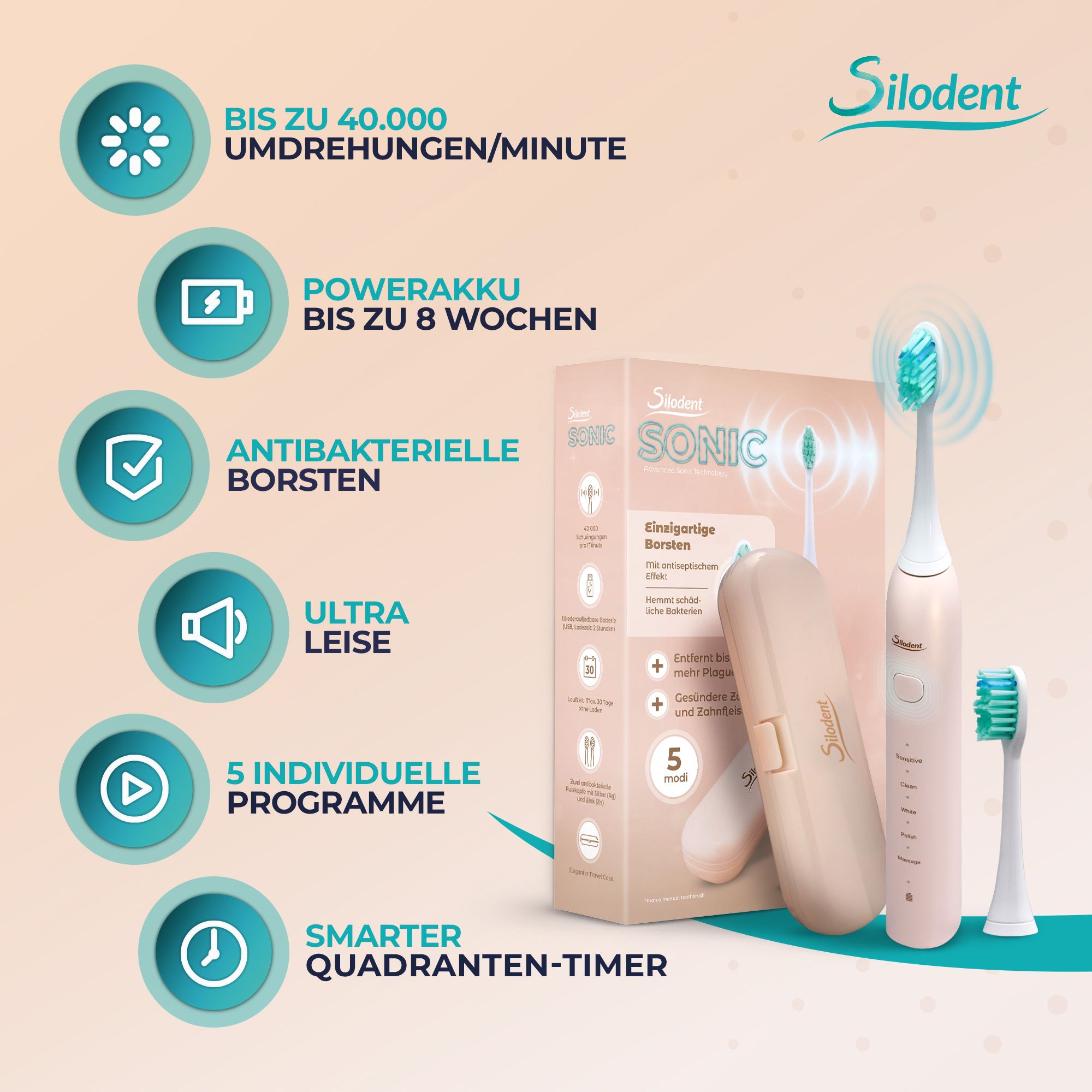 Silodent sonische tandenborstel in roze met oplaadetui, reserve borstelkop en productinformatie.