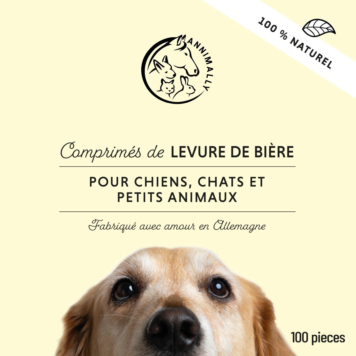 Emballage de comprimés. Inscription : Levure de Bière. Pour chiens, chats et petits animaux. Image de chien. 100 pièces.
