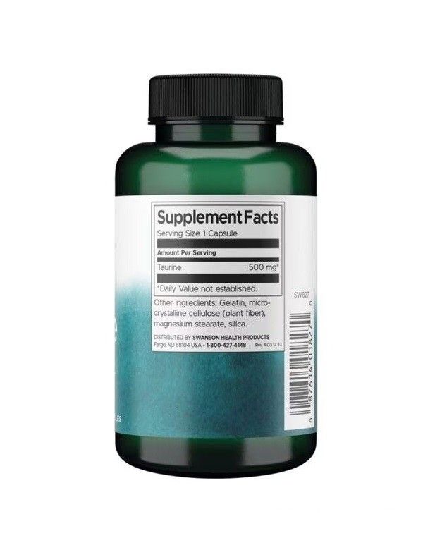 Arrière d'une bouteille de Taurine Swanson avec informations nutritionnelles et ingrédients.