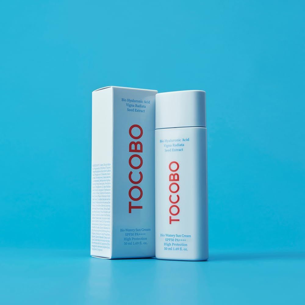 Produit et emballage. Texte : TOCOBO, Bio Watery Sun Cream SPF50+ PA++++, 50 ml.