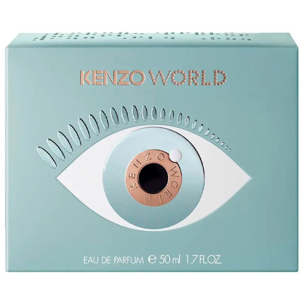 Boîte bleu clair avec logo KENZO WORLD et design œil. Inscription : Eau de Parfum, 50 ml, 1.7 FL.OZ.