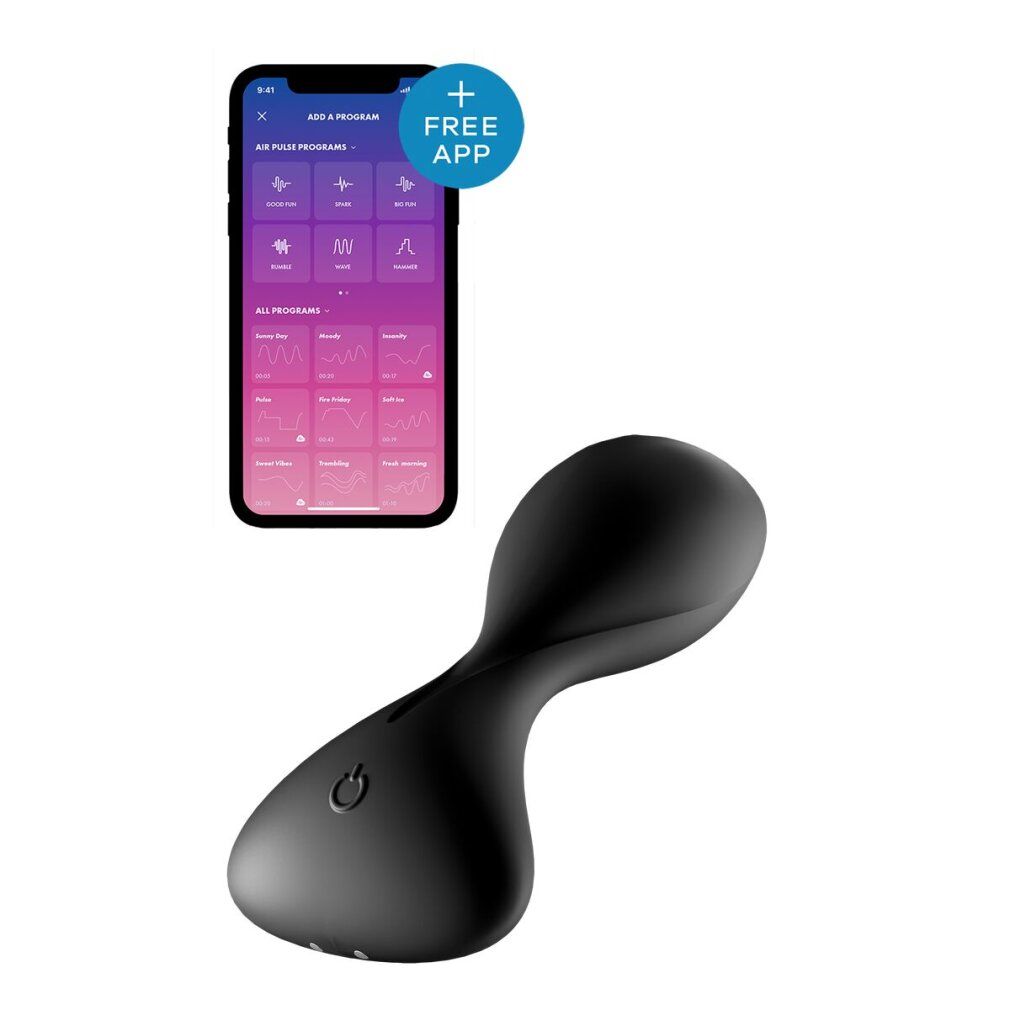 Zwarte vibrator naast een smartphone met de 'Satisfyer Connect App' en vibratieprogramma's. 'Free App' vermelding.