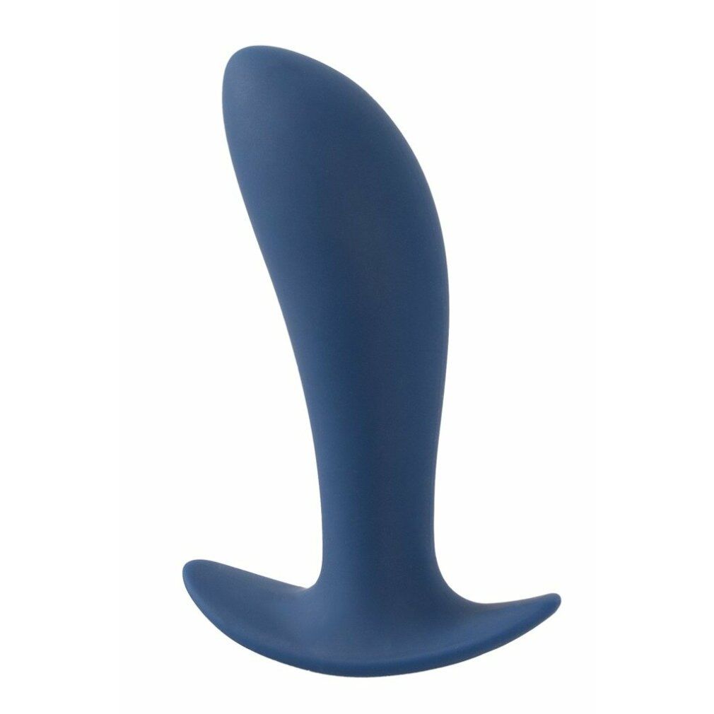 Donkerblauwe anale plug, van de zijkant gezien. Gebogen vorm, brede basis.