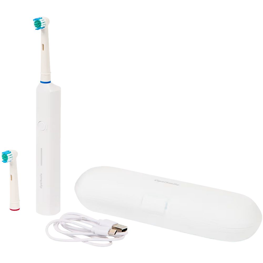 Brosse à dents électrique, 2 têtes, étui de voyage, câble USB. Design blanc. Brosse à dents et accessoires.