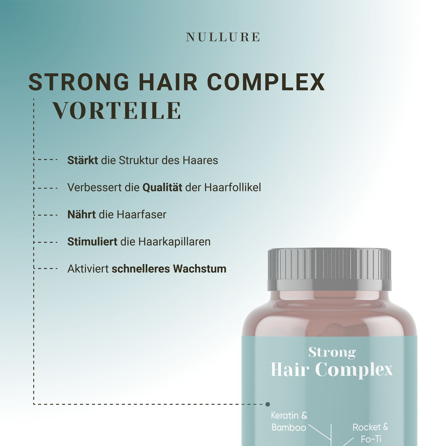Bruine fles met capsules. Opschrift: Strong Hair Complex. Bevat keratine, bamboe, biotine, zink, Rocket & Fo-Ti, vitamine B2. Voordelen voor het haar.
