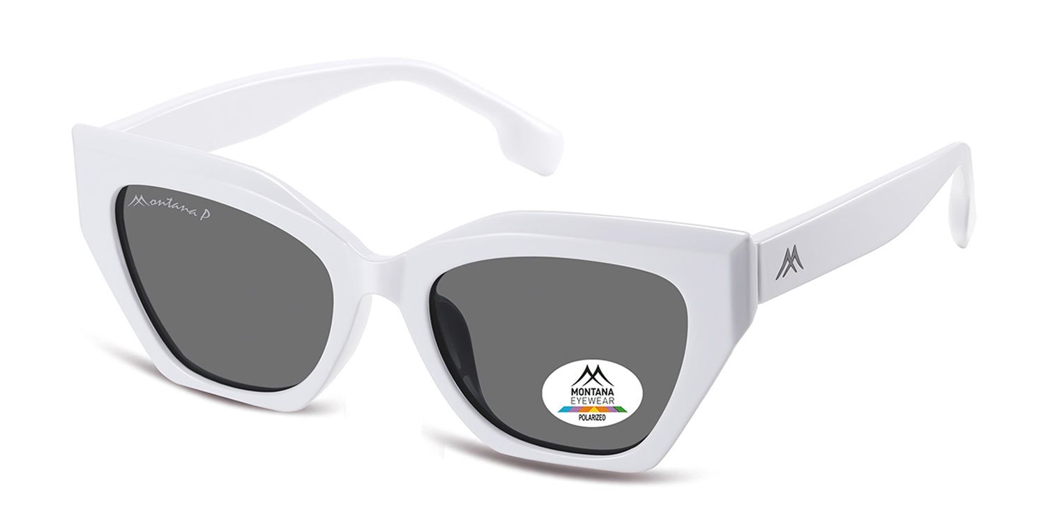 Lunettes de soleil blanches avec verres gris. "Montana P" sur la branche gauche. Autocollant avec logo et texte sur le verre droit.