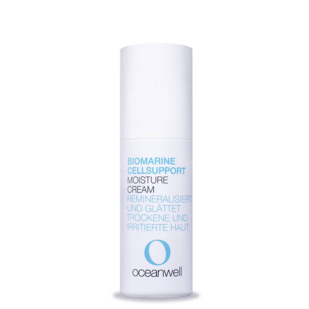 Flacon cylindrique blanc avec texte bleu-gris. Texte: Biomarine Cellsupport Moisture Cream. Logo Oceanwell.