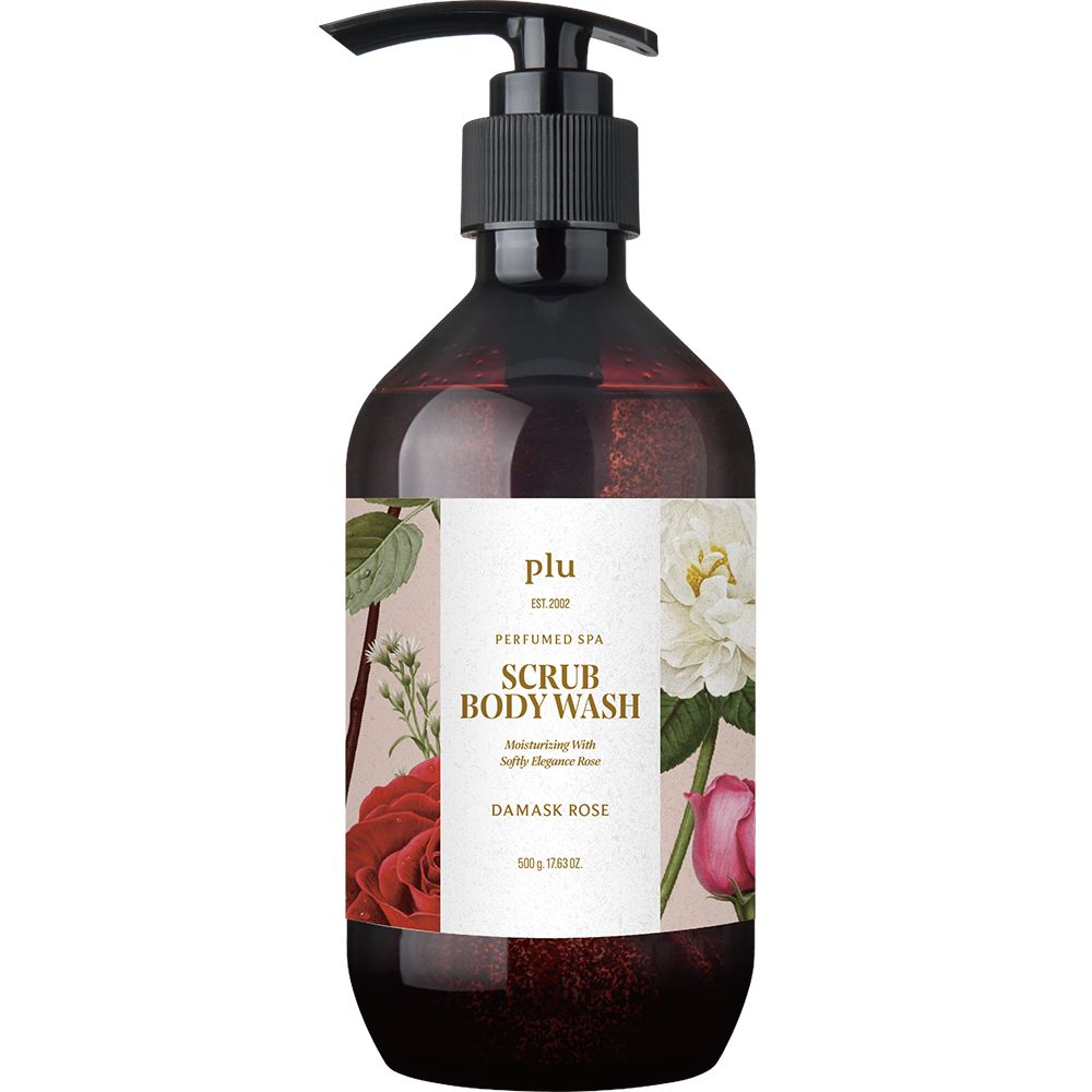 Flacon marron avec pompe noire. Étiquette florale avec texte "SCRUB BODY WASH DAMASK ROSE".